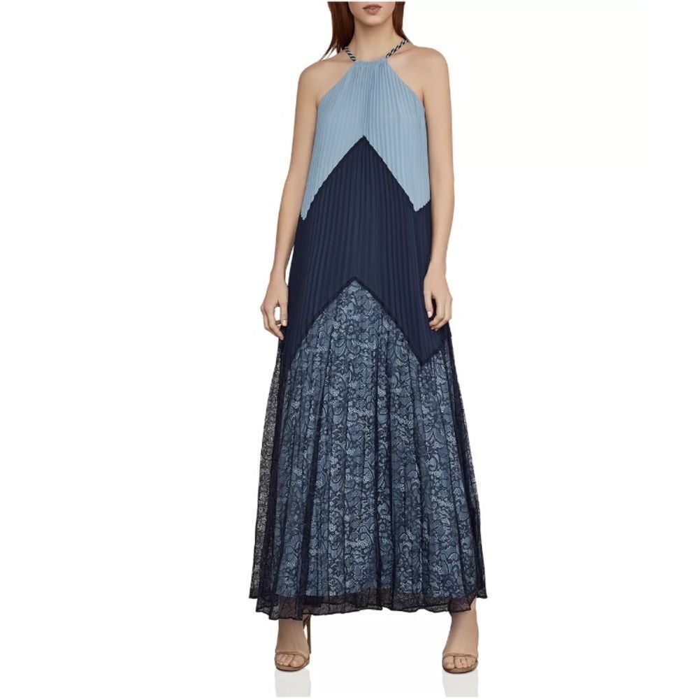 BCBGMAXAZRIA Boho Sleeveless Color-blocked Pleated Maxi Dress Navy Blue XXS
